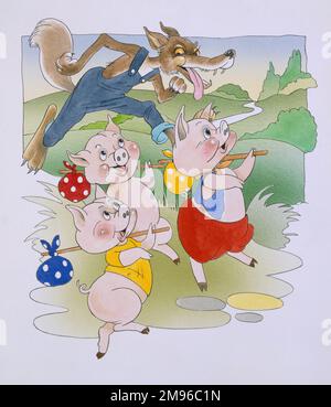 Die Geschichte der drei kleinen Schweine und des großen bösen Wolfs. Malerei von Malcolm Greensmith Stockfoto