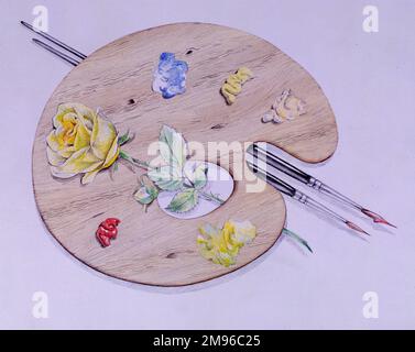 Eine Künstlerpalette mit Klumpen verschiedener Farben, zwei Pinseln und einer gelben Rose. Stockfoto