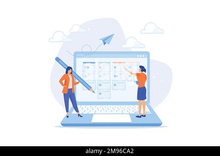 Task-Management-Software zur Organisation von Projektaufgaben, Zuweisung von Mitarbeitern für die fristgerechte Fertigstellung von Arbeiten, Projektplan- oder Effizienzkonzept, Flachvektormodus Stock Vektor