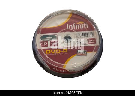 Spindel einer beschreibbaren DVD-R der Infiniti Referenzserie, isoliert auf weißem Hintergrund Stockfoto