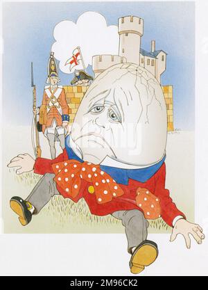 Humpty Dumpty sah nach seinem Sturz unglücklich aus, mit Rissen am ganzen Kopf. Ein Soldat im Hintergrund sieht hilflos zu. Stockfoto