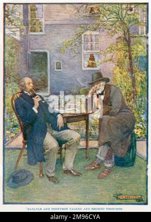 Alfred, Lord Tennyson (1809 - 1892) (links) und Thomas Carlyle (1795 - 1881), die sich im Garten von Carlyles Haus unterhalten und rauchen. Stockfoto