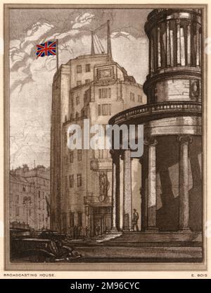 Broadcasting House, das erste speziell für die BBC gebaute Sendezentrum in Großbritannien, wurde 1932 in der Great Portland Street, London, für die BBC errichtet. Stockfoto