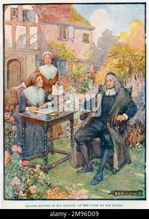 John Milton (1608 - 1674), englischer Dichter, sitzt in seinem Garten vor der Haustür, während er Poesie diktiert. Stockfoto