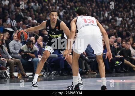 Belgrad, Serbien, 13. Januar 2023. Dante Exum von Partizan Mozzart Bet Belgrad in Aktion während des EuroLeague-Spiels der Turkish Airlines 2022/2023 zwischen Partizan Mozzart Bet Belgrad gegen Cazoo Baskonia Vitoria Gasteiz in der stark Arena in Belgrad, Serbien. 13. Januar 2023. Kredit: Nikola Krstic/Alamy Stockfoto