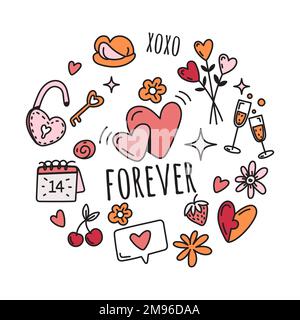 Vektor Valentinstag-Elemente in rundem Komposition im Doodle-Stil Stock Vektor