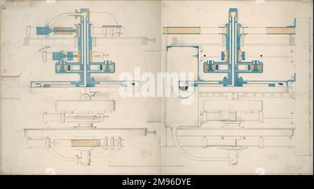 Lokomotivmotor, 6 Fuß 6" Antriebsräder, Querschnitte 3. April 1849 Stockfoto