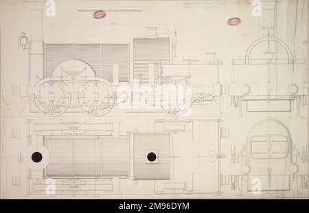 Lokomotivtank, 4 Fuß 9 Zoll Antriebsrad, Plan-, Seiten-, Front- und Endanhebung 4. Mai 1849 Stockfoto