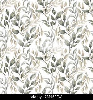 Nahtloses, wässriges, grünes Muster in trendigen, neutralen Farben. Handgezeichnetes Wiederholungspapier mit zarten Blumen. Stockfoto