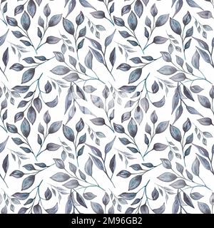 Nahtloses Aquarell grünes Muster in blauen Farben. Handgezeichnetes Wiederholungspapier mit zarten Blumen. Stockfoto