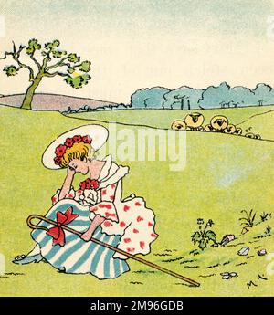 Die kleine Bo Peep denkt, sie hat ihr Schaf verloren, aber sie sind direkt hinter ihr. Stockfoto