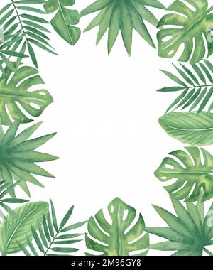 Aquarell Tropische Blätter Clipart, Dschungel Grünrahmen, Laub, Palmenkranz Illustration, Monstera, Hochzeitseinladungen, Babydusche Stockfoto