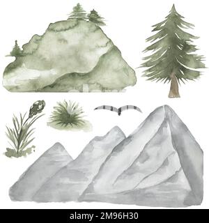 Bergklippe, Wasserfarben Waldbaum Clip Art, Landschaften, Waldkiefern Illustration, Hochzeitseinladung, Kartenmachen, Babydusche Stockfoto