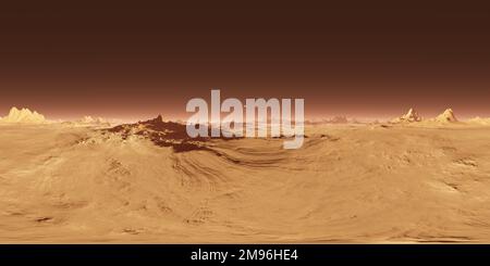 360 rechteckige Projektion des Mars-Sonnenuntergangs. Marslandschaft, HDRI-Umgebungskarte. Sphärisches Panorama. 3D Abbildung Stockfoto