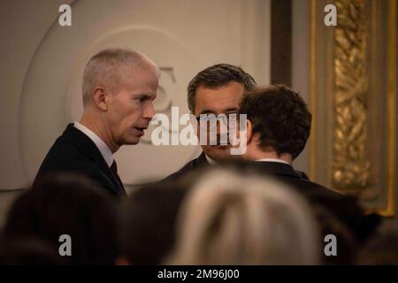 Paris, Frankreich. 17. Januar 2023. Gerald Darmanin vor einer Rede vor den Beitragenden des französischen Ratsvorsitzes der Europäischen Union in der "La Salle des Fetes" des Elysee-Präsidentenpalastes am 17. Januar 2023 in Paris. Frankreich hat vom 01. Januar bis zum 30. Juni 2022 den Vorsitz im Rat der Europäischen Union inne. Foto: Eliot Blondet/ABACAPRESS.COM Kredit: Abaca Press/Alamy Live News Stockfoto