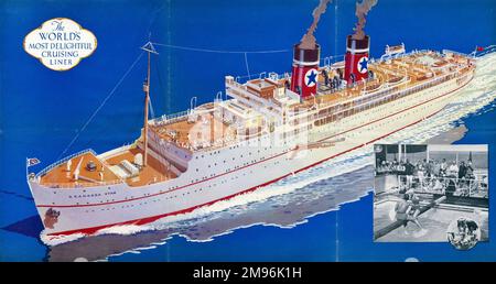 Poster mit Werbung für die Blue Star Line, das wunderbarste Kreuzfahrtschiff der Welt, zeigt einen Luftblick auf ein Kreuzfahrtschiff, den Arandora Star, mit einem eingelegten Foto von Passagieren an Deck, die sich amüsieren. Stockfoto