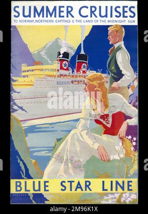 Plakat mit Blue Star Line Sommerrundfahrten nach Norwegen, in die nördlichen Hauptstädte und ins Land der Mitternachtssonne. Ein typisches Paar in skandinavischem Kostüm. Stockfoto