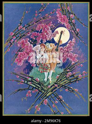 Schokoladenschachtel mit einem pierrot, der im Mondlicht, umgeben von rosafarbenen Blumen, einer Harlequin ein Ständchen singt. Stockfoto