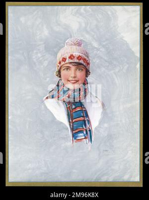 Schokoladenschachtel mit einer lächelnden Dame in einem Wollmütze und Schal. Stockfoto