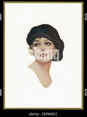 Schokoladenschachtel mit einer Dame in einem künstlerisch aussehenden schwarzen Hut. Stockfoto