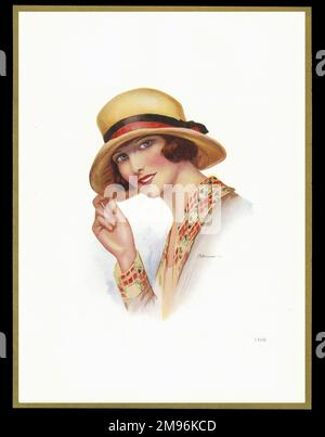Schokoladenschachtel mit einer Dame in einem Hut mit breiter Krempe. Stockfoto