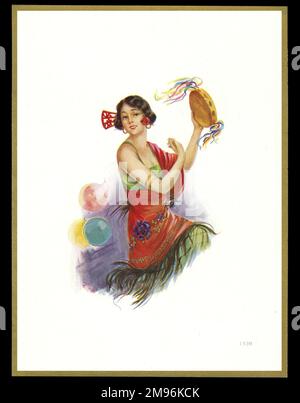 Schokoladenschachtel mit einer spanischen Dame, die in Flamenco-Kostüm tanzt. Stockfoto