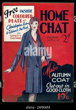 Titelseite des Magazins „Home Chat“ mit einem kostenlosen Farbschild von Christopher Robin und Winnie Puuh von Ernest H Shepard. Eine junge Frau in einem stilvollen blauen Mantel zu zeigen, um den mAbs Herbstmantel zu illustrieren, der aus gutem Stoff geschnitten ist und 19 Schilling und 6 Pence (knapp ein Pfund) kostet. Stockfoto