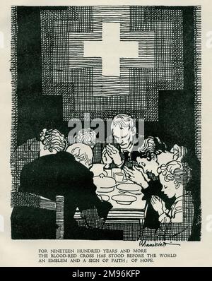 Illustration, Jersey im Gefängnis, zeigt Menschen, die um Erlösung beten, mit einem Kreuz an der Wand dahinter. Stockfoto