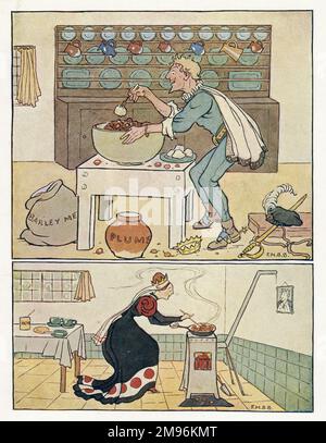 Kinderreime -- zwei Illustrationen. Oben -- das Herz-Rave nimmt eine Torte. Unten... die Herzkönigin macht ihre Torten. Stockfoto
