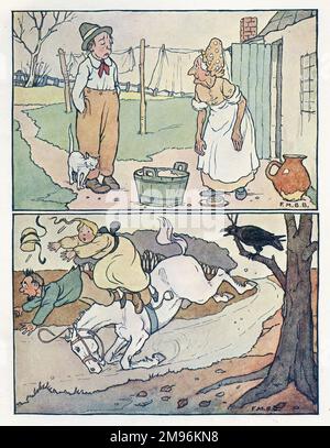 Kinderreime -- zwei Illustrationen. Oben... ein Mann und eine Frau am Waschtag. Unten -- eine Krähe erschreckt ein Pferd so sehr, dass die beiden Reiter abgeworfen werden. Stockfoto