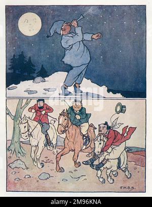 Kinderreime, zwei Illustrationen. Ein Mann im blauen Pyjama bläst ein Horn im Schnee beim Mondlicht (oben). Drei Männer gehen auf Fuchsjagd (unten). Stockfoto