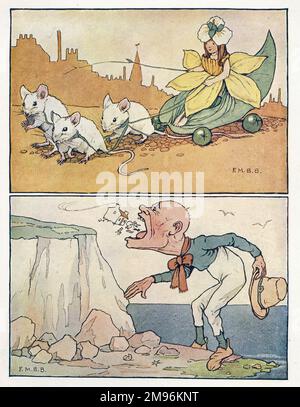Kinderreime -- zwei Illustrationen. Oben -- eine Dame, die als Narzissen verkleidet ist, wird von drei weißen Mäusen gezogen. Darunter steht ein hässlicher Riese am Ufer des Meeres, der seinen Mund öffnet, um ein Haus und seinen gesamten Inhalt zu verschlucken. Stockfoto
