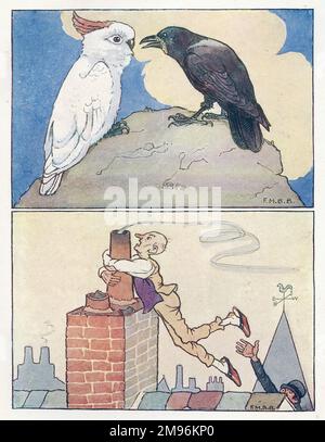Kinderreime -- zwei Illustrationen. Oben -- ein weißer Kakadu und eine schwarze Krähe. Unten -- ein Mann klammert sich an einen Kamin. Stockfoto