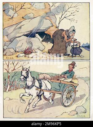Kinderreime -- zwei Illustrationen. Oben -- eine alte Frau vor einer Höhle, mit Kochtopf, Feuer und Katze. Unten -- ein Mann fährt in einem Pferdewagen mit einem Schwein vorne. Stockfoto