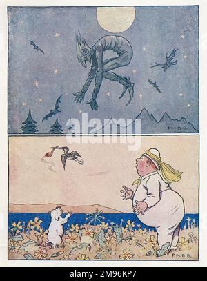 Kinderreime -- zwei Illustrationen. Oben -- ein Kobold und Fledermäuse, die im Mondlicht um den Nachthimmel fliegen. Unten -- ein Vogel stiehlt die Pfeife eines plumpen Mannes. Stockfoto