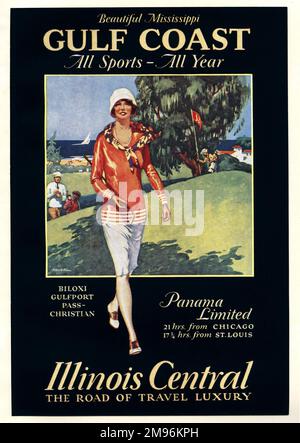 Poster-Design für Illinois Central, die Straße des Luxus, mit Ausflügen von Chicago und St. Louis zur Golfküste (wunderschönes Mississippi), die das ganze Jahr über Sport bietet. Stockfoto