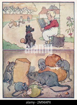 Kinderreime -- zwei Illustrationen. Oben -- ein Junge sitzt auf einem Spielbrett, während andere Jungs Football spielen. Unten -- Mäuse essen Brot, Käse und einen Apfel. Stockfoto