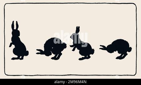 Tickety-Tock-Silhouette-Illustration -- vier Kaninchen. Stockfoto