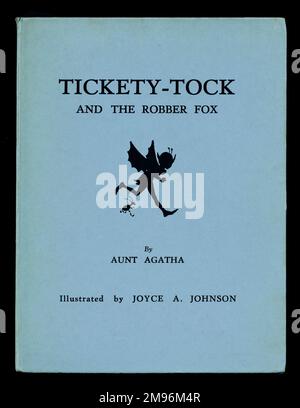 Coverdesign, Tickety-Tock and the Robber Fox, von Tante Agatha, mit einer Silhouette-Illustration eines Koblins und eines Insekts von Joyce A Johnson. Stockfoto