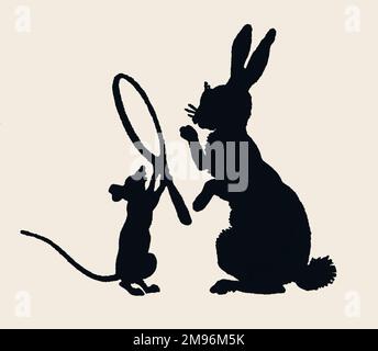 Tickety Tock Silhouette Illustration -- eine Ratte hält einen Handspiegel an ein Kaninchen. Stockfoto