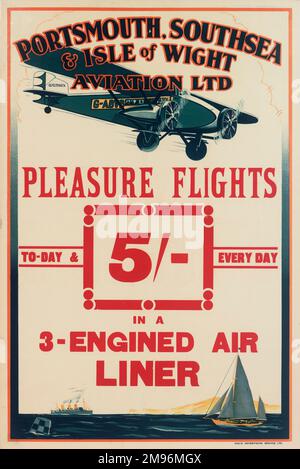 Poster „Vergnügungsflüge“, Portsmouth, Southsea & Isle of Wight Aviation Ltd Täglich und jeden Tag in einem 3-motorigen Flugzeugschiff zu fünf Shilling. Stockfoto