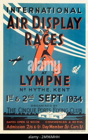 Poster, internationale Luftausstellung und Rennen in Lympne, nahe Hythe, Kent, organisiert vom Cinque Ports Flying Club. Stockfoto