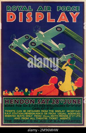 Das Royal Air Force Display Poster, Hendon, zeigt Zuschauer, die drei Flugzeuge sehen. Stockfoto