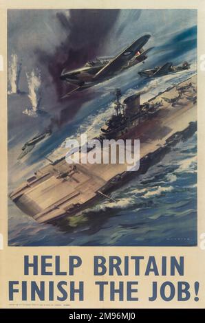 RAF Poster, Hilf Großbritannien, den Job zu beenden! Zwei britische Hawker Hurricane-Jäger fliegen während des Zweiten Weltkriegs über einem britischen Flugzeugträger auf See. Im Hintergrund stürzt ein deutsches Junkers Ju-88-Flugzeug in Richtung Meer, wobei schwarzer Rauch aus dem Rumpf strömt. Stockfoto