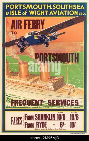 Poster, Portsmouth, Southsea & Isle of Wight Aviation Ltd, das ein Passagierflugzeug zeigt, das über einem Kreuzfahrtschiff fliegt und für die Air Ferry nach Portsmouth mit häufigen Verbindungen wirbt. Stockfoto