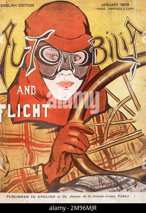 Titelblatt der De Havilland Aircraft Company, Automobilia and Flight, englische Ausgabe, in Paris veröffentlicht. Darstellung eines Fahrers am Lenkrad mit Lederhelm und Schutzbrille. Stockfoto