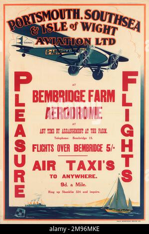 „Pleasure Flights“-Poster, Portsmouth, Southsea & Isle of Wight Aviation Ltd, Bembridge Farm Aerodrome zu jeder Zeit nach Absprache auf dem Hof. Flüge über Bembridge, fünf Schilling, Lufttaxis zu allem, neunzig pro Meile Stockfoto