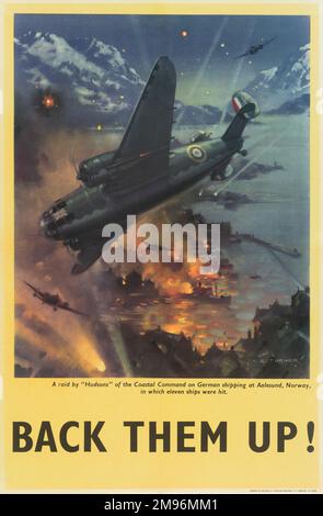 RAF Poster, sichern Sie sie!, zeigt einen Angriff von Hudson-Flugzeugen des Küstenkommandos auf deutsche Schiffe in Aalesund, Norwegen, während des Zweiten Weltkriegs, bei dem elf Schiffe getroffen wurden. Stockfoto