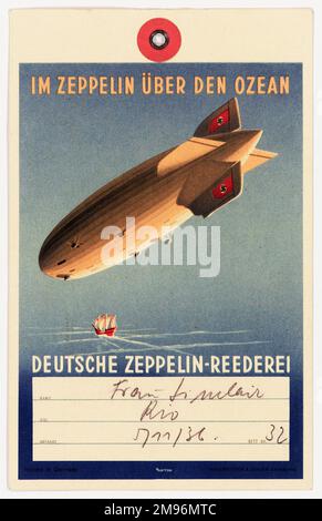 Gepäckaufkleber Deutsche Zeppelin-Reederei (Fluggesellschaft) für den LZ 129 Hindenburg-Flug nach Südamerika. Der Passagier ist Mrs. Sinclair, Ziel Rio de Janeiro, Liegeplatz Nummer 32. Stockfoto