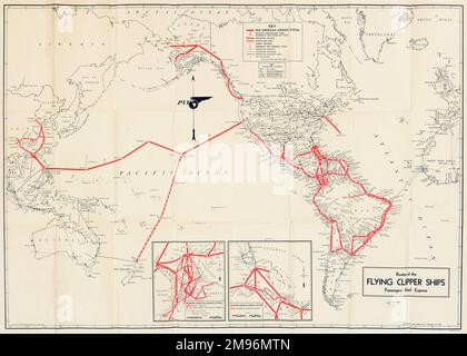 Globale Streckenkarte des Pan American Airways System der Flying Clipper Ships (Passagiere, Post, Express). Stockfoto